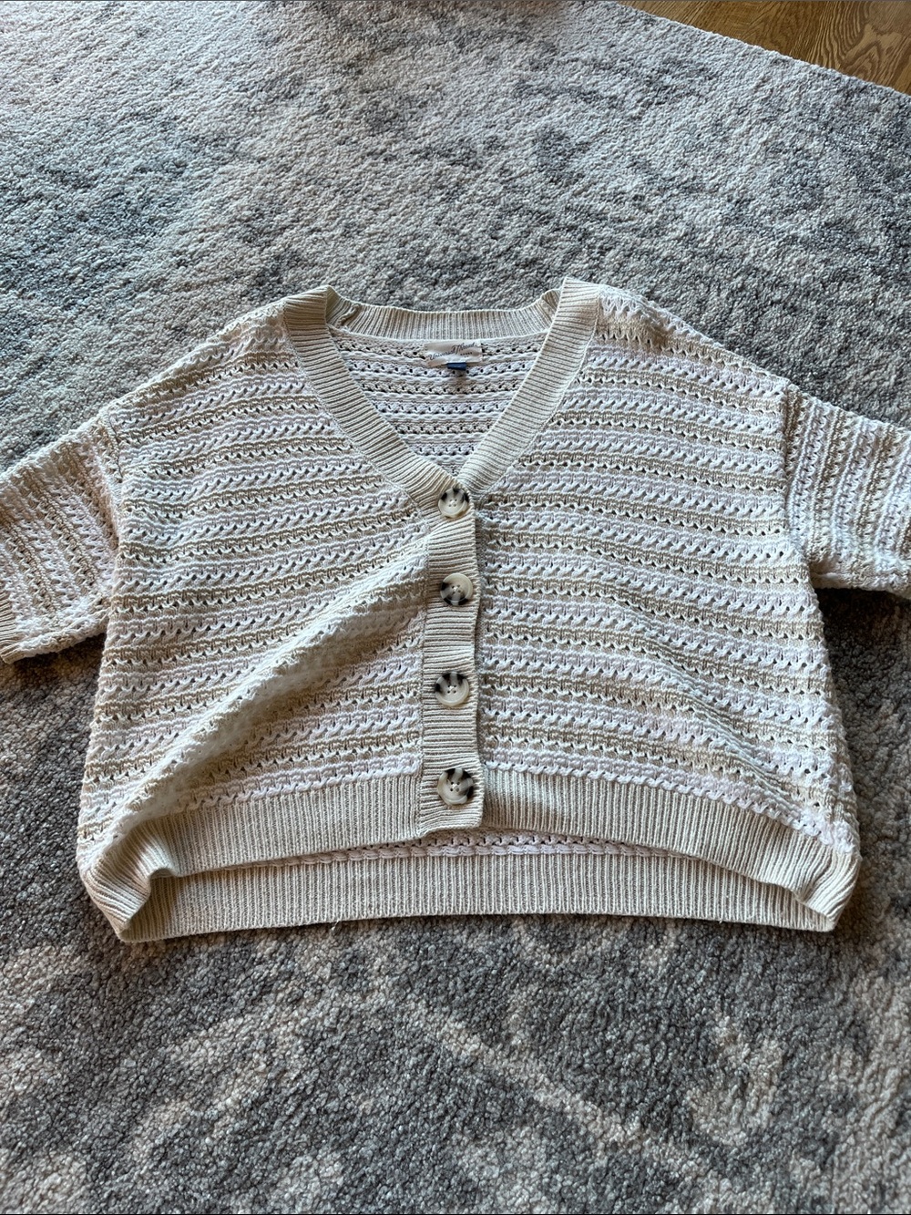 Universal Thread Cream Cropped Open-Knit Button Cardigan